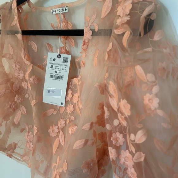 Zara Women's Floral Sheer Crop Top - Peach NWT - Picture 5 of 6